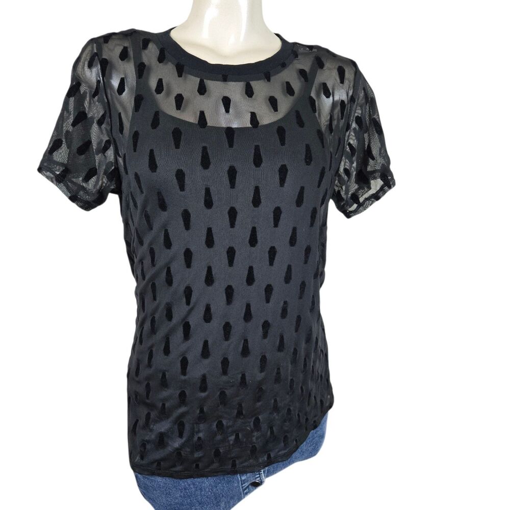 Hot Topic Black Sheer Flocked Coffin XS Top Layered Short Sleeve Goth Witchy